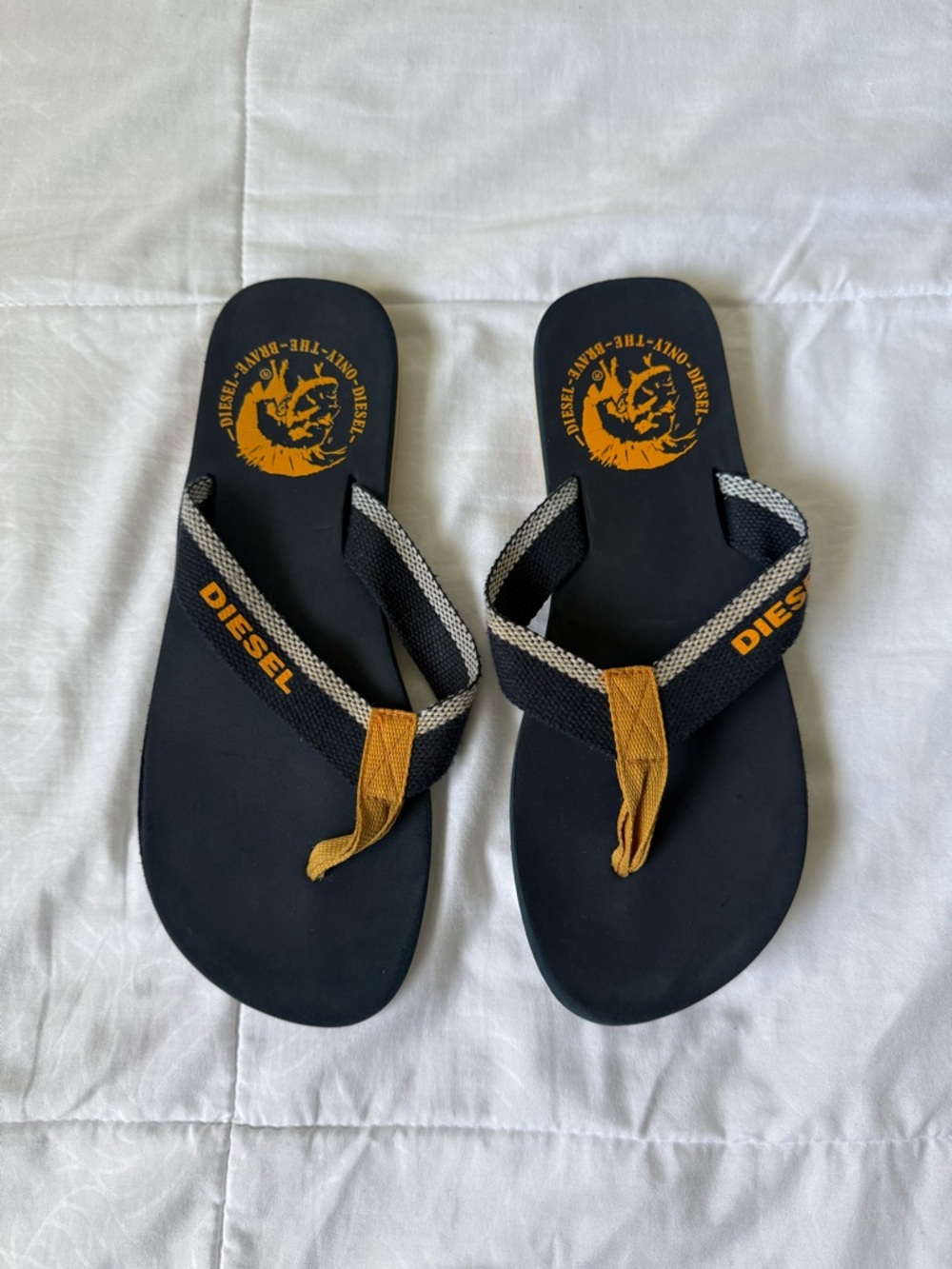 Diesel Black and Mustard Logo Thong Sandals